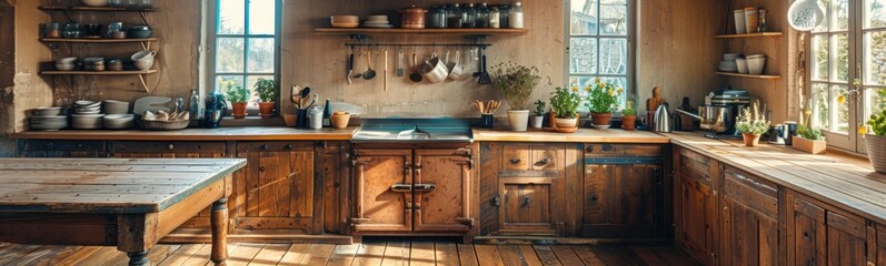 Kitchen with wooden cabinets and a wooden table, banner