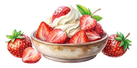 Hand-drawn Pingsu with Strawberry Flavor in Watercolor on White Background &acirc;&euro;&ldquo; Perfect for Cards and Menus