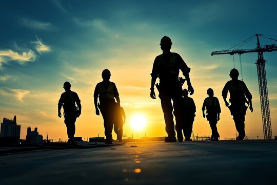 Silhouetted construction workers at sunset, showcasing teamwork and dedication.