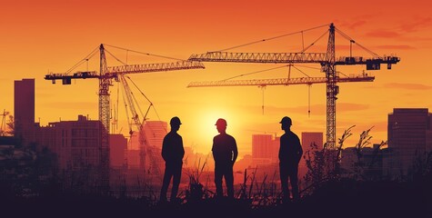 Three construction workers silhouetted against a vibrant sunset in an urban landscape.