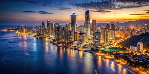 Fototapeta premium Vibrant urban skyline on a picturesque coastal backdrop at night