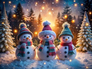 Enchanting Winter Wonderland: Three Adorable Snowmen Surrounded by Glistening Snowflakes in a Magical Snowy Landscape