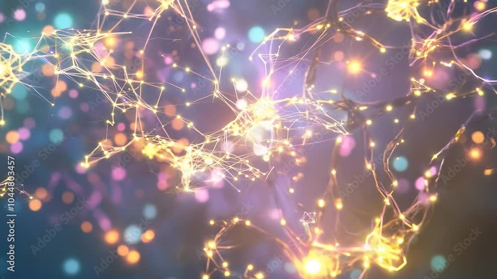 Poster bright 3d neural network illustration with interconnected nodes and data streams.