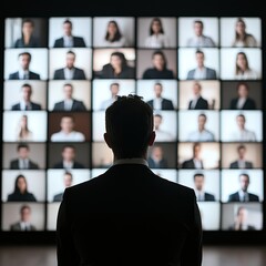 Fototapeta premium A man in a suit gazes at a grid of diverse professionals on screens.