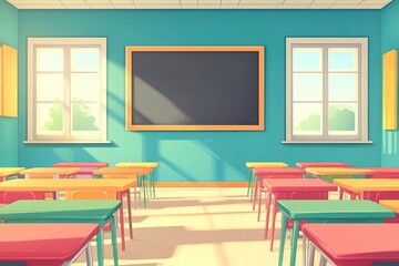Cartoon Classroom Interior: Empty, Blank Chalkboard, Colorful Desks, Bold Lines - Perfect for Educational Illustrations