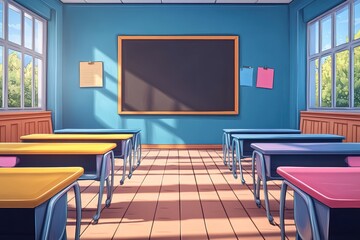 Cartoon Classroom Illustration: Empty Classroom with Blank Chalkboard, Colorful Desks, and Simple Bold Lines Cartoon Style