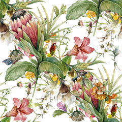 Watercolor painting of leaf and flowers, seamless pattern on white background