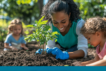 A woman is planting a tree with two children