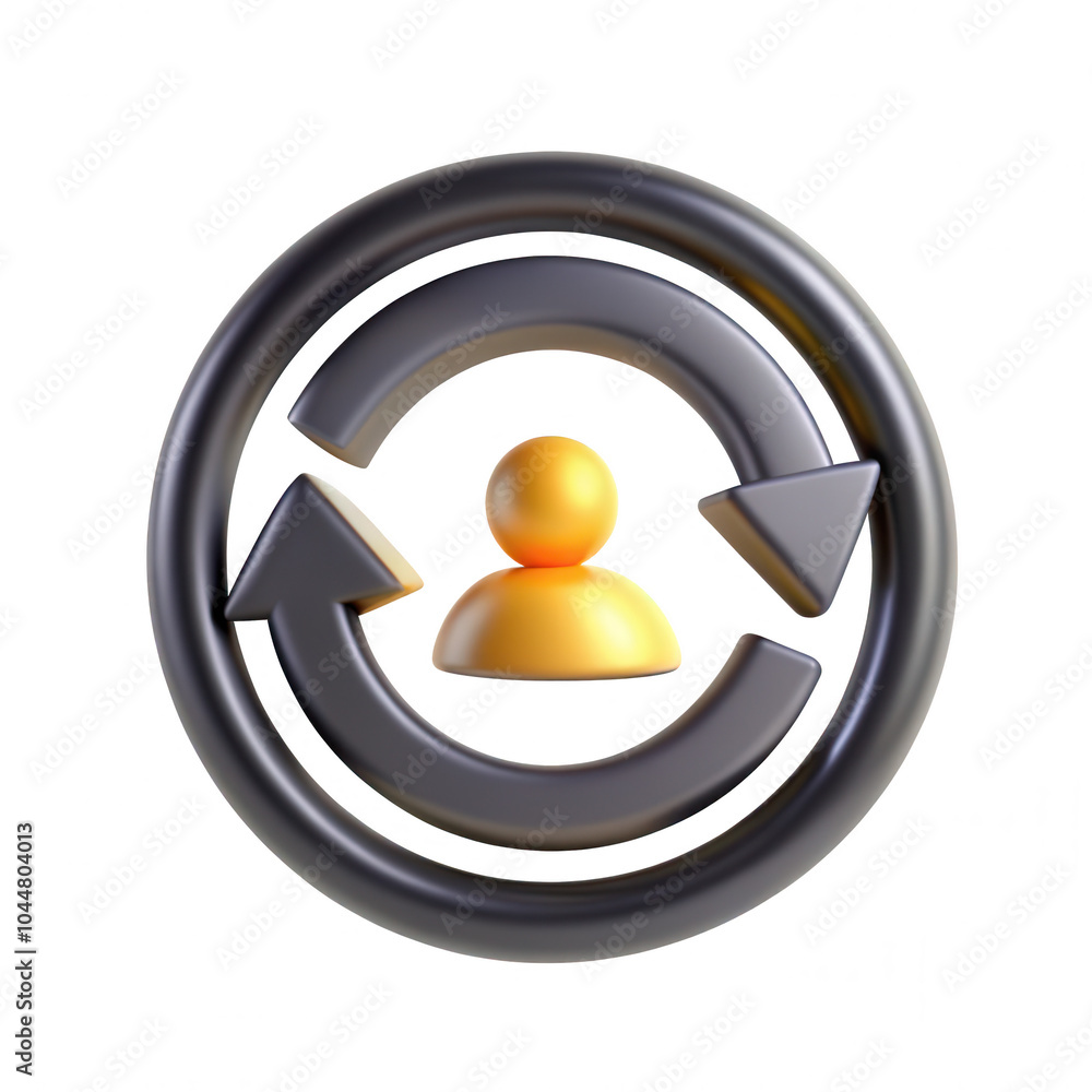 Poster a 3d render of a circular icon with arrows and a golden figure in the center, symbolizing refresh or
