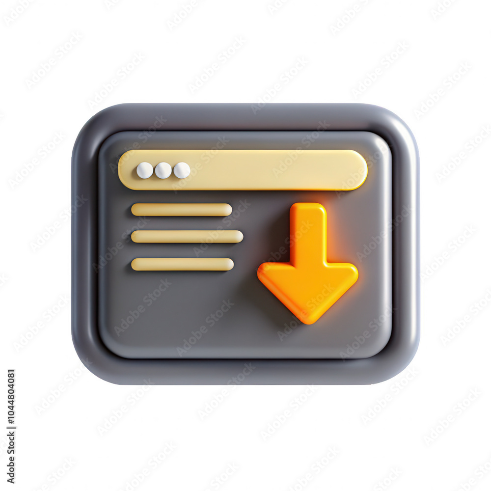 Poster a 3d render of a download button icon featuring a grey background, a yellow arrow pointing downwards