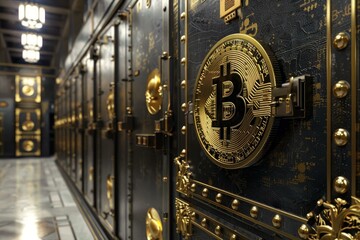 Gold bitcoin cryptocurrency coin is being secured in a bank vault behind a steel door