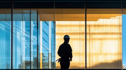 Fototapeta premium Silhouette of a male construction worker in a hard hat against a modern building.