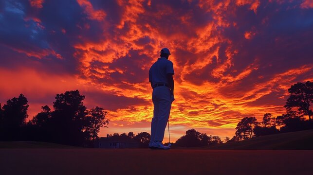 Elevated view from behind golfer, ball mid-flight heading toward the pin under vibrant skies, golf flight path, dramatic sports moment