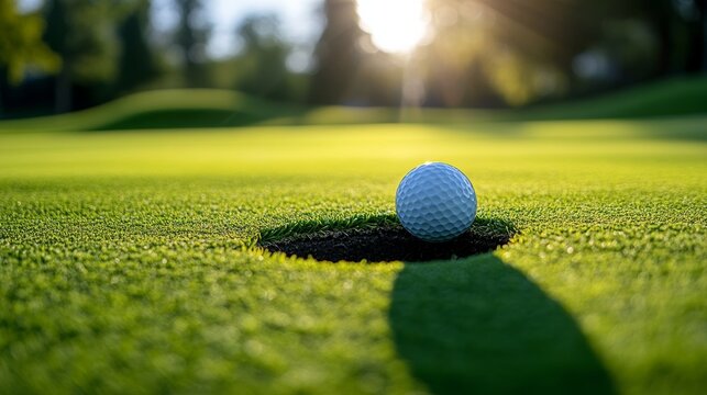 Focused macro view of a golf ball resting inside the hole on an immaculate green, sunlight casting soft shadows across the scene