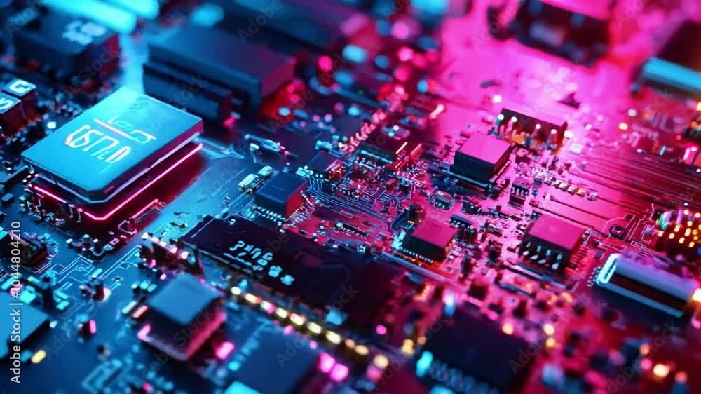 Poster close-up view of a colorful circuit board with various microchips illuminated in vibrant blue and pi