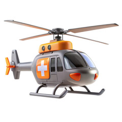 A 3D render of a medical helicopter, designed for emergency services, featuring a bold orange color scheme with a white cross emblem.