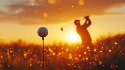 Golf ball balanced on pin in warm sunset light, golfer in full swing, the ball flying into the distance, double exposure blending motion and calm
