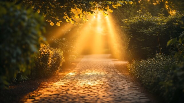Golden rays illuminating a cobblestone path, representing a healthy and successful life journey, framed by lush green bushes, ethereal atmosphere