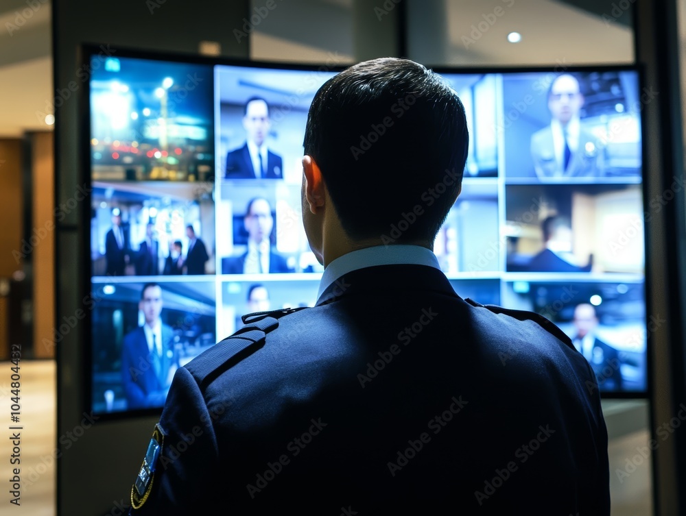 Poster male officer in uniform monitoring multiple security feeds on large screens.