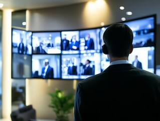 Fototapeta premium Male security operator monitoring multiple surveillance screens in a modern control room.