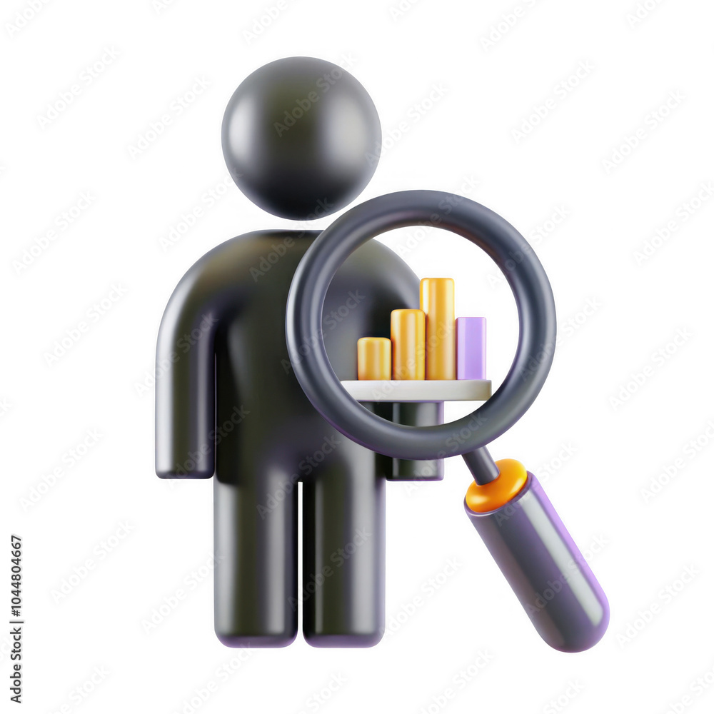 Poster a 3d render of a black figure holding a magnifying glass over a bar chart. the model emphasizes data