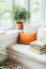 Cozy reading nook with natural light and greenery for relaxation and comfort