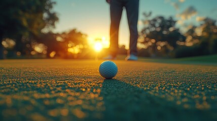 Golf ball poised at the edge of the hole, double exposure golfer's silhouette blending into the putting green, sun softly illuminating the scene, Golf calm action, precision and focus