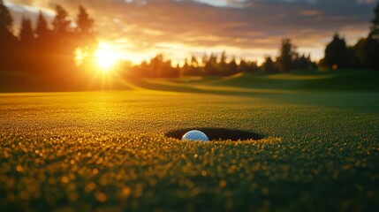 Golf ball sinking into the hole, club ready to strike, calm green putting surface, golden hour ambiance with peaceful fairway backdrop