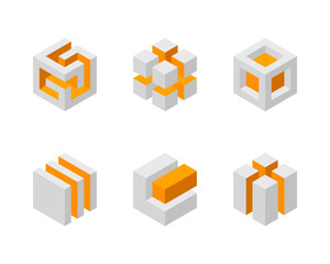 Cube logo, geometric vector design. Box logotype company, trendy tech emblem in pixel style.