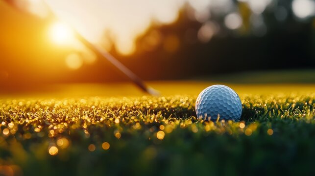 Golf ball sinking into the hole, club ready to strike, calm green putting surface, golden hour ambiance with peaceful fairway backdrop