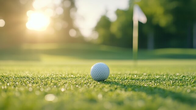 Golf ball rolling smoothly towards the hole, flag pin firmly planted in the distance, rich green texture of the grass under the warm, late afternoon sun