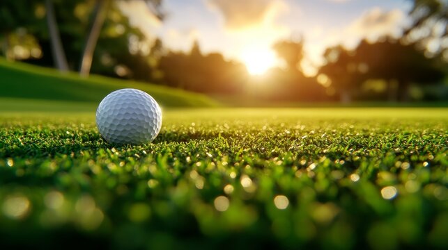 Golf ball sinking into the hole, club ready to strike, calm green putting surface, golden hour ambiance with peaceful fairway backdrop