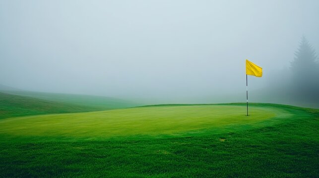 Golf course with rolling fog and vibrant yellow flag, soft green grass under a misty sky, serene yet mysterious atmosphere