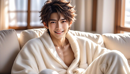 A handsome man relaxing on a white sofa in a living room with the morning sun shining in. Loungewear. Fluffy pajamas. Winter atmosphere.朝日の差し込むリビングルームの白色のソファでくつろぐイケメンな男性。部屋着。モコモコのパジャマ。冬の雰囲気。