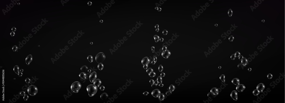 Poster fizzy water bubbles floating on dark background. multiple transparent spherical shapes with light re