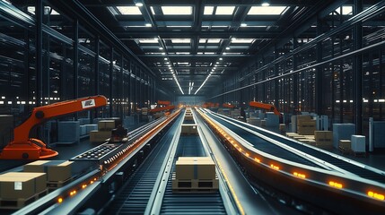 Fototapeta premium Automated warehouse system, robotic arms and conveyor belts, seamless flow.