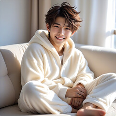 A handsome man relaxing on a white sofa in a living room with the morning sun shining in. Loungewear. Fluffy pajamas. Winter atmosphere.朝日の差し込むリビングルームの白色のソファでくつろぐイケメンな男性。部屋着。モコモコのパジャマ。冬の雰囲気。