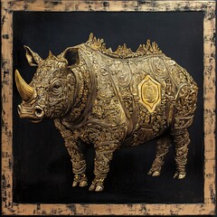 Fototapeta premium Golden Rhino Sculpture: A Detailed and Ornate Artwork