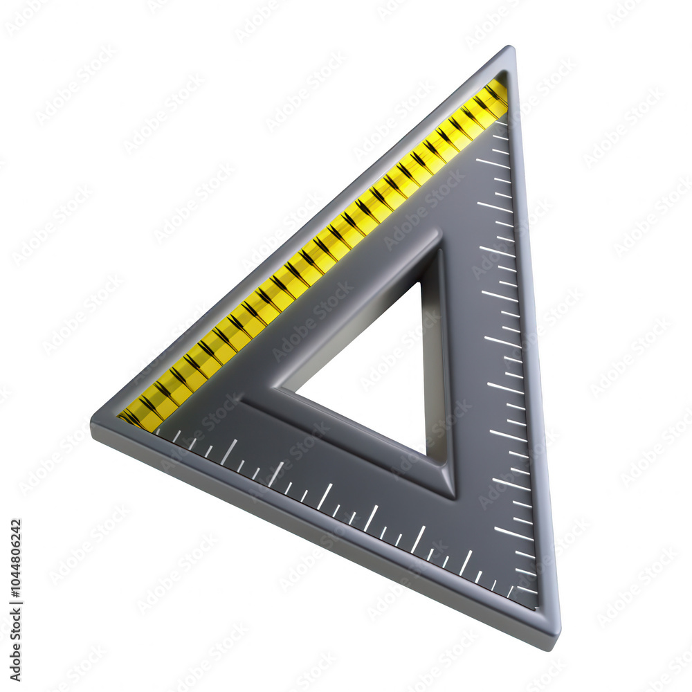 Poster a realistic 3d render of a triangular ruler with yellow and grey colors, showcasing precise measurem