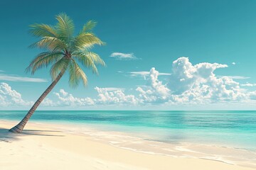 Flat Palm Tree on a Tropical Beach with Turquoise Water and Golden Sand