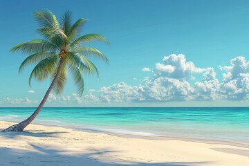 Relaxing Tropical Beach Scene with Palm Tree, Turquoise Water, and Golden Sand