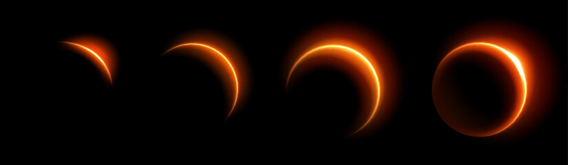 Solar eclipse phases with glowing neon orange rings against dark sky. Moon passing across sun creates luminous circular silhouettes. Celestial phenomenon sequence demonstrates gradual shadowing. © klyaksun