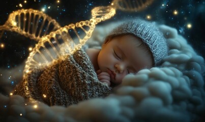Sleeping baby in a knitted hat with glowing DNA.