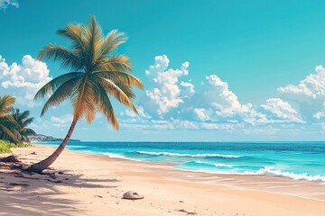 Obraz premium Tropical Paradise: Flat Palm Tree on a Golden Sand Beach with Turquoise Waters