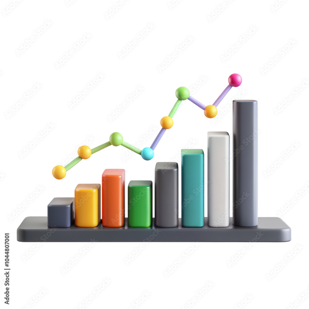 Poster a colorful, 3d bar graph representing data growth, with various shaped blocks and a line graph overl