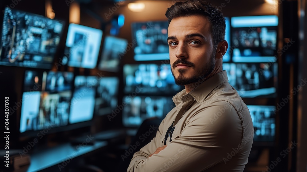 Poster male professional in a control room with multiple screens displaying data.