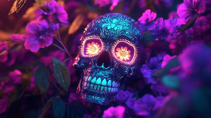 Neon sugar skull with glowing eyes, radiant purple and teal, detailed floral design.