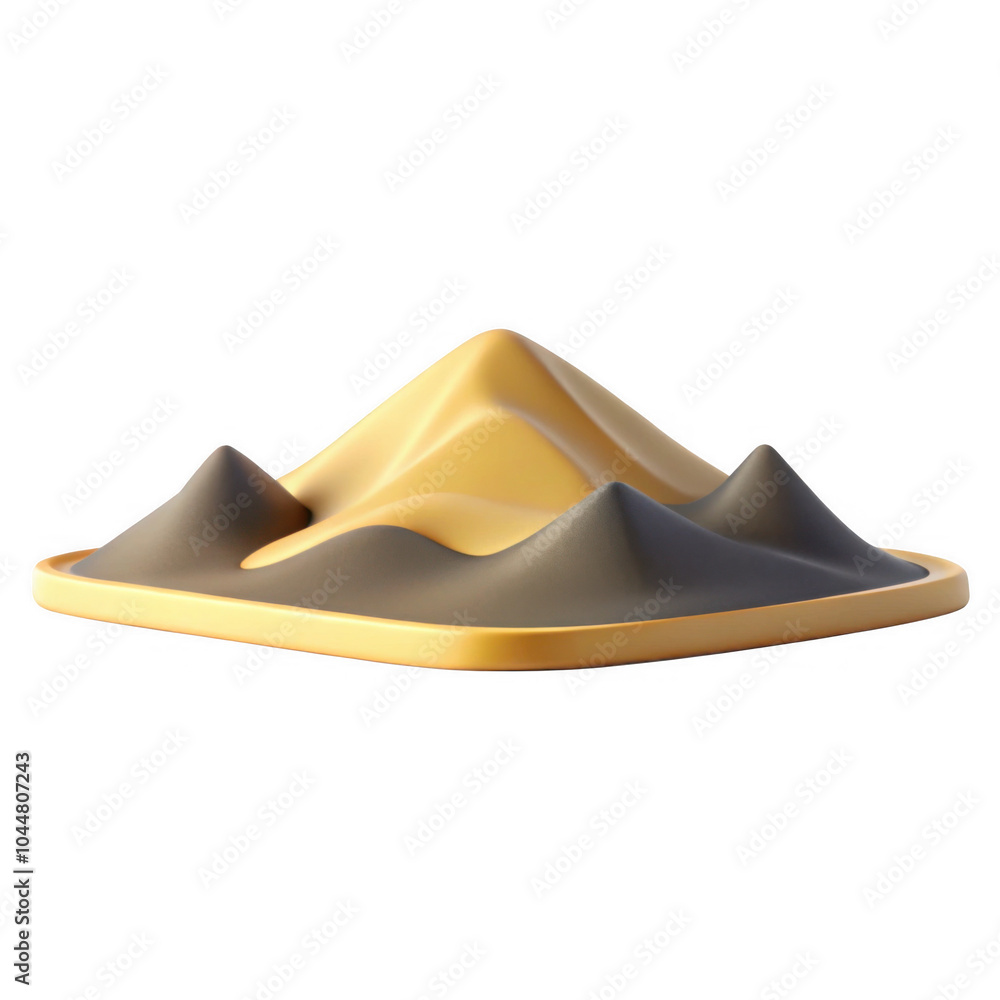 Poster a 3d render showcases a stylized mountain landscape with smooth curves and a gradient of golden and 