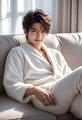 A handsome man relaxing on a white sofa in a living room with the morning sun shining in. Loungewear. Fluffy pajamas. Winter atmosphere.朝日の差し込むリビングルームの白色のソファでくつろぐイケメンな男性。部屋着。モコモコのパジャマ。冬の雰囲気。