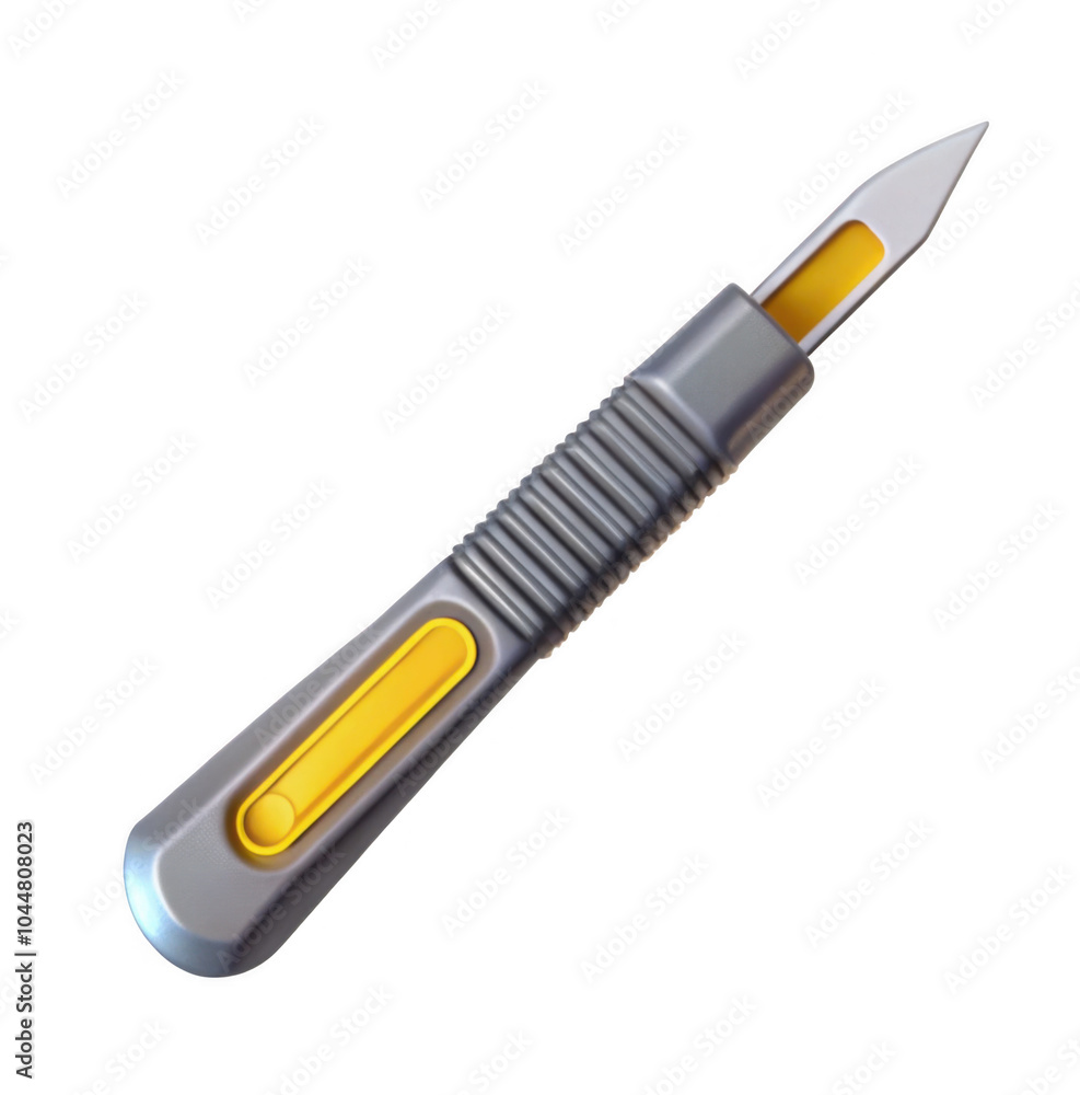 Poster this image features a 3d render of a utility knife with a silver blade and yellow grip, isolated on 
